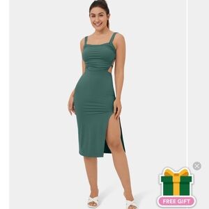 NWOT. Ruched Backless Crisscross Lace Up Split Bodycon Midi Casual Dress